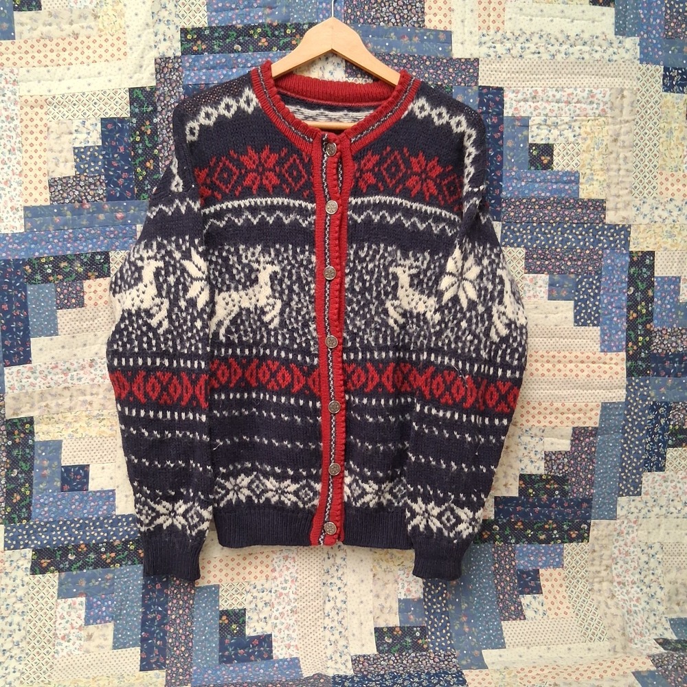 Vintage Nordic Reindeer Fair Isle Wool Cardigan Sweater Pewter Buttons XS / S